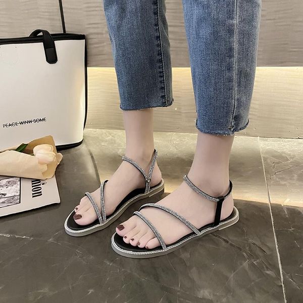 

sandals for girls 2021 summer flats female diamond slip-on open toe brand women shoes ankle strap lady sandal slides, Black