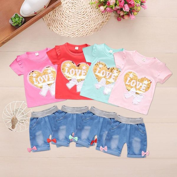 

toddler outfits sets kids baby girls ruffle sleeve paillette love bow print jeans denim pants children summer clothes clothing, White