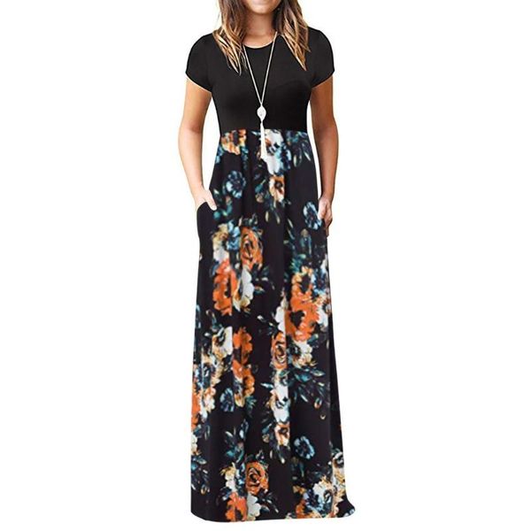 

casual flower print long dresses women summer short sleeve dress ladies pockets o-neck loose beach maxi robe longue #tg, Black;gray