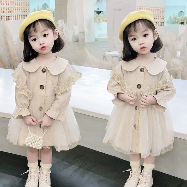 

new girls' mesh windbreaker dress childrens korean fashion cotton turn-down collar coat baby spring and autumn clothes jr 001, Blue;gray
