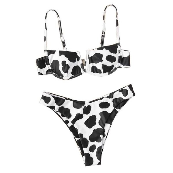 

one-piece suits women 2pcs bikini set v-neck underwire swimsuit floral cow bathing suit a69a