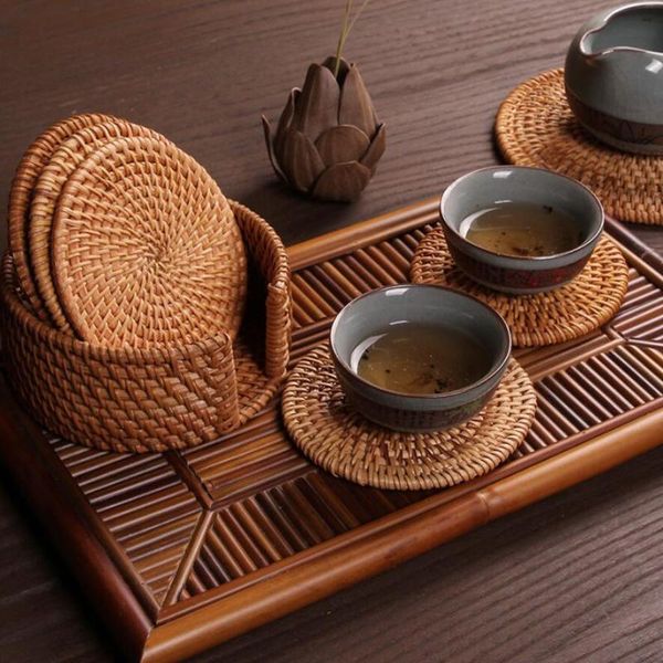 

natural rattan cup bowl pad handmade woven insulation placemats tableware tea pot pads table mat for dinning mats &