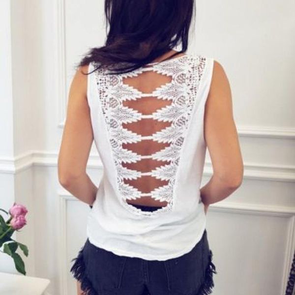 

women's t-shirt summer fashion casual t shirt women backless open back woman loose sleeveless o-neck tees clothes, White
