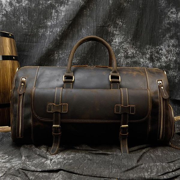 

duffel bags men's vintage genuine leather travel bag big crazy horse weekend casual messenger shoulder carry on luggage