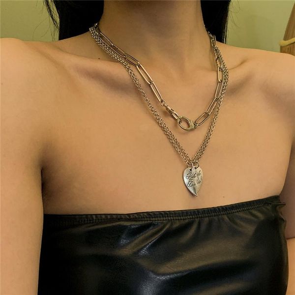 

chains korea stylish heart shaped alloy pendant set necklace retro simple metal female jewelry creativity holiday gift, Silver