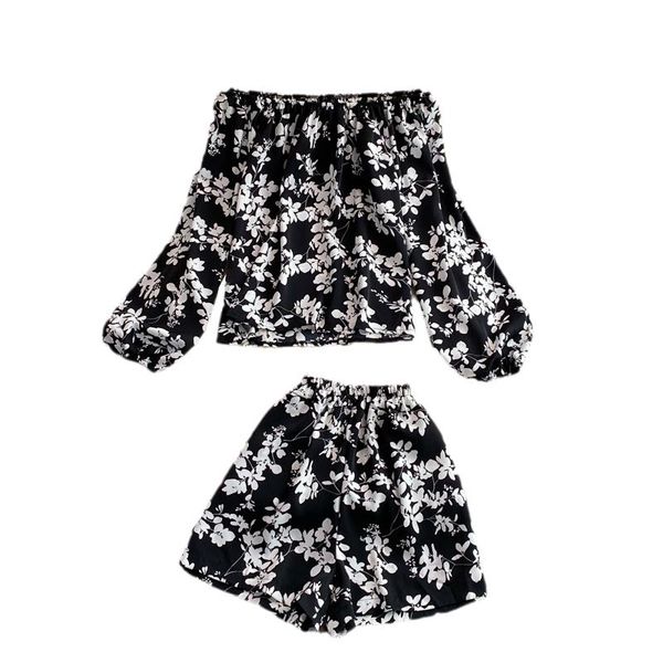 

women's tracksuits black/white print two piece set women summer slash neck puff long sleeve + high waist wide leg shorts ladies su, Gray