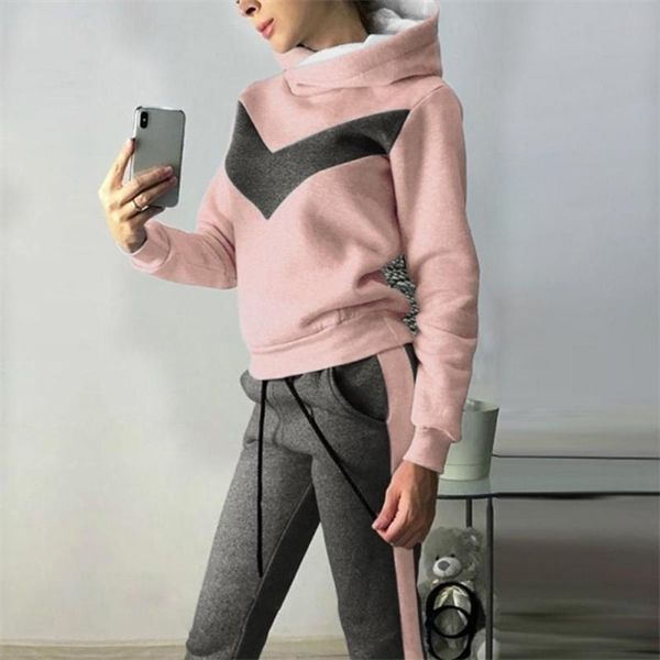 

2020 casual warm winter clothes two piece set sport pullover sweatshirt hoodie tracksuit women pants ropa mujer femme, White