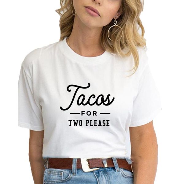 

women's t-shirt tacos for two please printed t shirt women o-neck short sleeve cotton tshirt casual loose tee femme, White