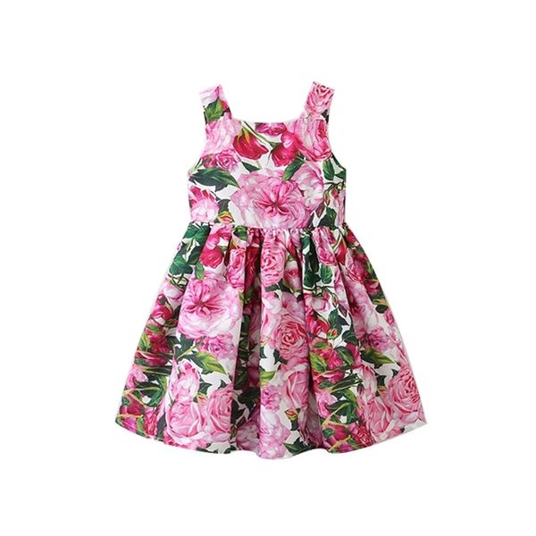 

2021 new girl's princess full print suspender skirt leaky back dress children's wear, Red;yellow