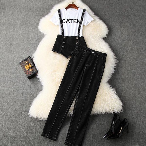 

high street summer lady pants two piece outfits 2021 fashion women's short sleeve letters white tshirt+vest+jeans 3piece set dress