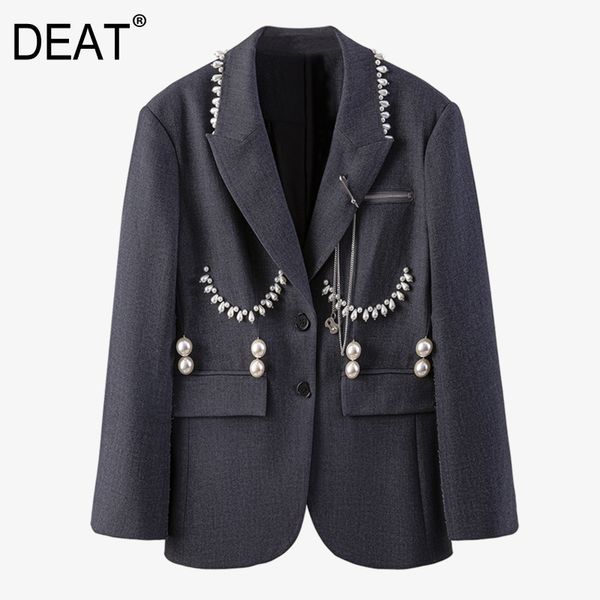 

[deat] pearl decoration silhouette gray suit medium length single breasted coat women new fashion tide spriong gx39 210428, White;black