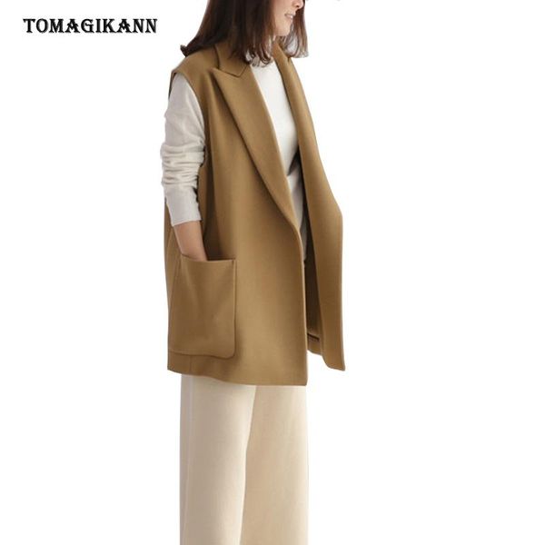 

women's vests ol vest and jacket women solid brief pockets short woolen 2021 autumn korean office lady open stitch outerwear, Black;white