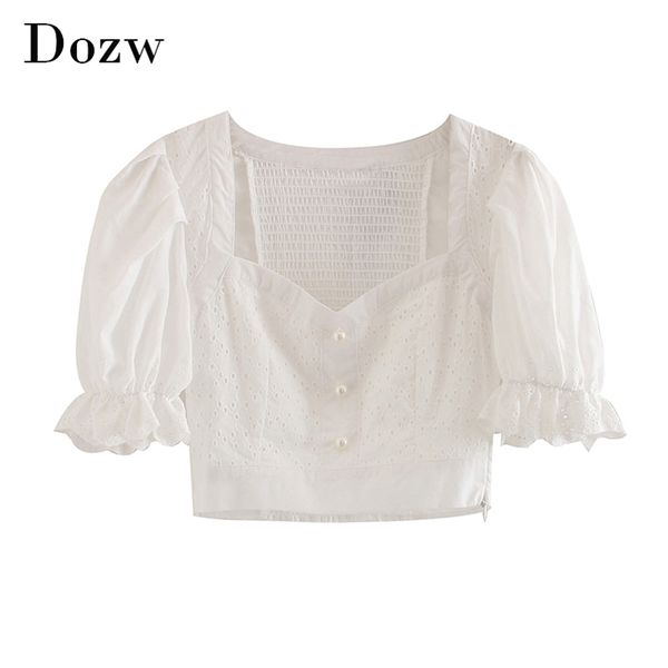 

chic lace hollow out white cotton blouse women summer short sleeve crop shirt female elegant v neck ruffle blouses 210515