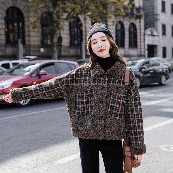 

lamb wool et women's 2021 autumn and winter plaid cotton splicing short, Black