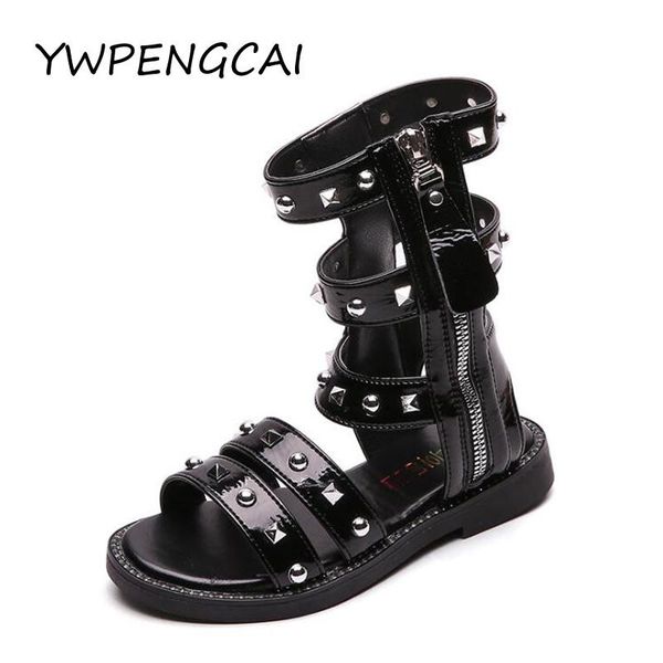 

summer kids gladiator shoes high sandals for girl shiny patent leather rivets girls size 26-36, Black;red