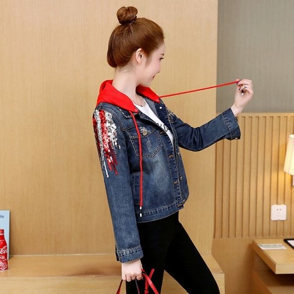 

women's jackets high-street women sequins in hoods denim outerwear worn korean loosen fitting jeans jacket streetwear women's clot, Black;brown