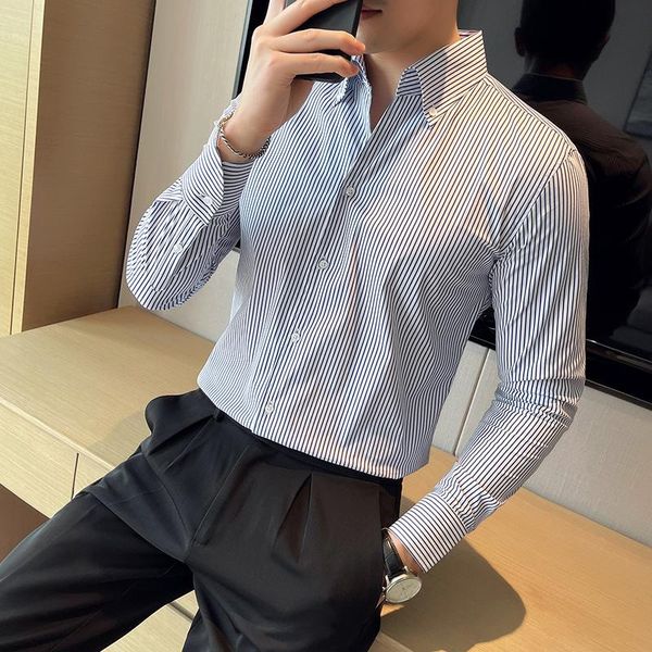 

men's casual shirts fashion autumn business formal wear pinstripes for men clothing 2022 slim fit long sleeve office blouse homme, White;black