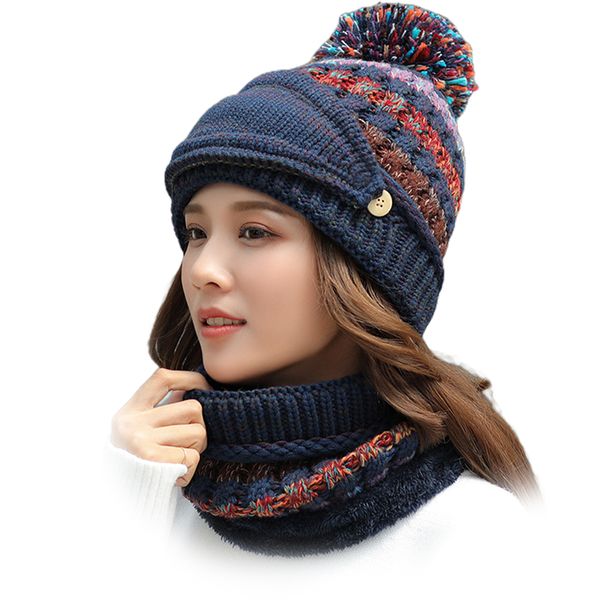 

3 in 1 women winter hat face cover outdoor sports fashion elastic beanie thick casual warm skiing with pompom soft circle scarf, Blue;gray