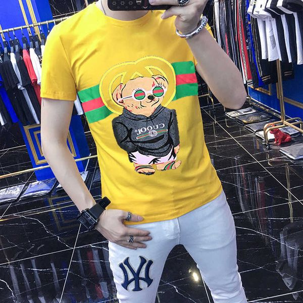 

w0532s summer new personality trend slim net red bear print short sleeve t-shirt, White;black