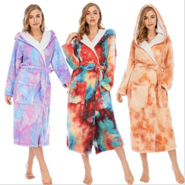 

fleece pajamas women warm autumn winter home clothes hooded collar long sleeve tie-dye printed with belt pockets sleepwear robes women', Black;red