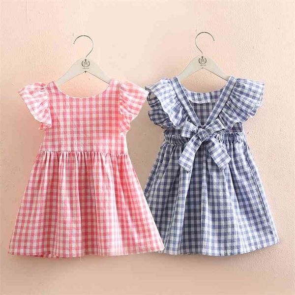 Estate 2 3 4 6-12 anni Bambini College Style Plaid O Neck Cotton Princes Flying Sleeve Backless Dress For Kids Neonate 210414