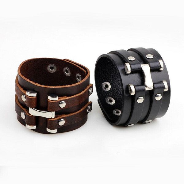 

charm bracelets genuine leather bracelet for men wide cuff wristband punk surf, Golden;silver