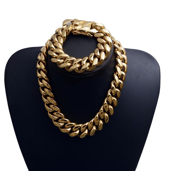 Mens Gold Cuban Link Chains Hip Hop Jóias 22M Braceletes de Aço Inoxidável Colar