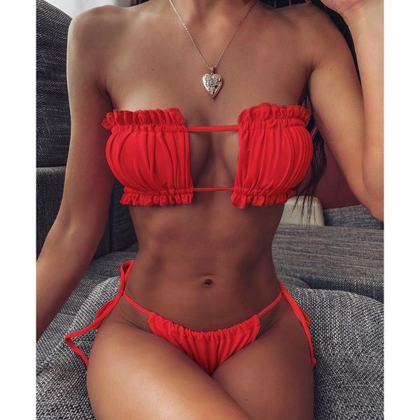 

bikini 2021 pleated bandeau swimsuit female swimwear women mini thong set bather swimming beachwear for bathing suit one-piece suits