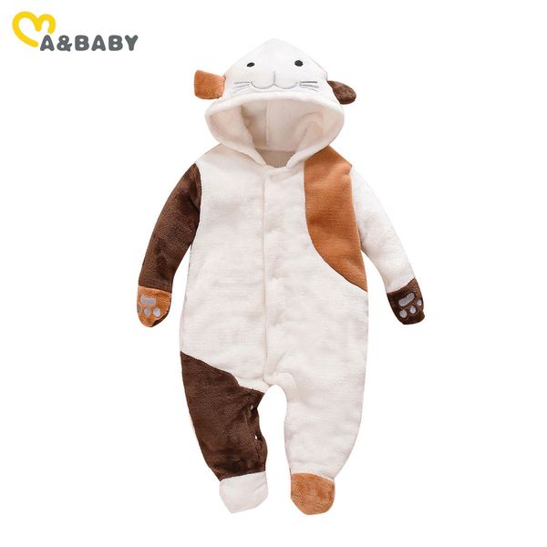

0-12m autumn winter warm infant born baby boy girl jumpsuit hooded cat pattern long sleeve romper plush clothes 210515, Blue