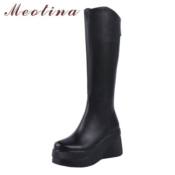 

winter knee high boots women natural genuine leather platform wedge heel long zip super shoes lady fall 210517, Black