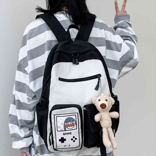 

difa multi pocket waterproof nylon women backpack female contrast color insert buckle girls schoolbag cartoon printing