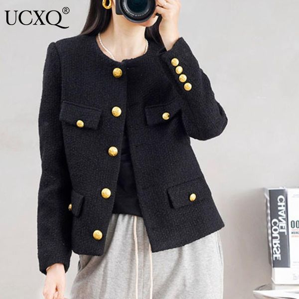 

women's jackets ucxq woman tweed short jacket single breasted thin o collar loose long sleeve vintage style 2021 autumn women fashion23, Black;brown