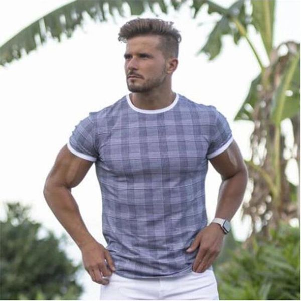 

men's t-shirts 2021 summer fashion plaid hip-hop casual short-sleeved men slim jogging training stretch fitness t-shirt, White;black