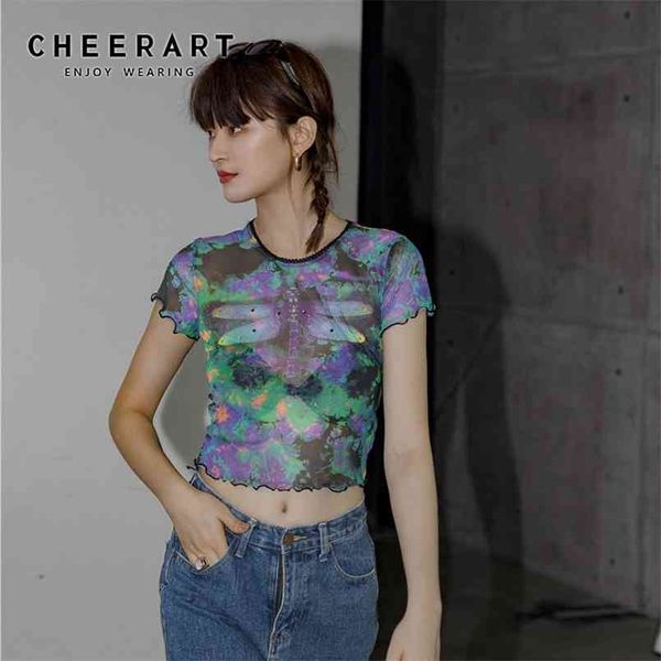 

cheerart dragonfly tie dye mesh crop women summer t shirt short sleeve tshirt gothic tee fashion aesthetic clothes 210708, White