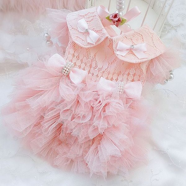 

handmade luxury dog apparel dress clothes pet apparel classic pink lace ribbon bow peter pan collar princess tiered skirt tutu maltese