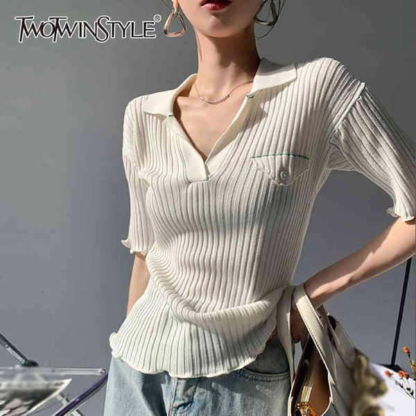 

twowinsyle casual solid shirt for women v neck short sleeve patchwork slim shirts females summer fashion stylish 210524, White