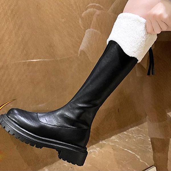 

boots women knee high winter cotton plush turned-over edge female long thick bottom non-slip zipper ladies shoes 2021, Black