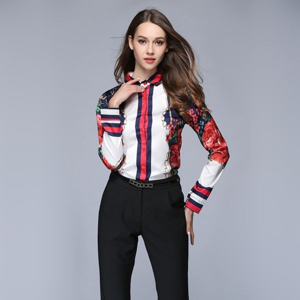 

luxury vintage silk satin shirt women's casual long sleeve runway printed ladies designer blouses slim plus size office button shirts, White