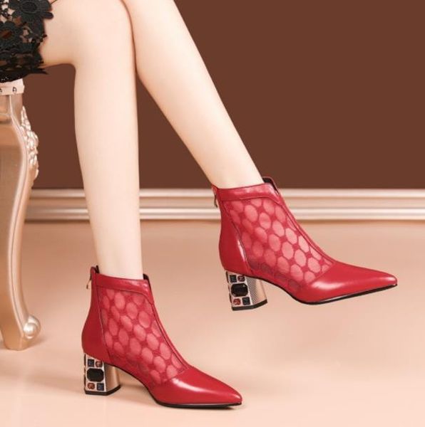 

boots leather hollow mesh thick heel high summer ladies thin short breathable spring and autumn single fa, Black