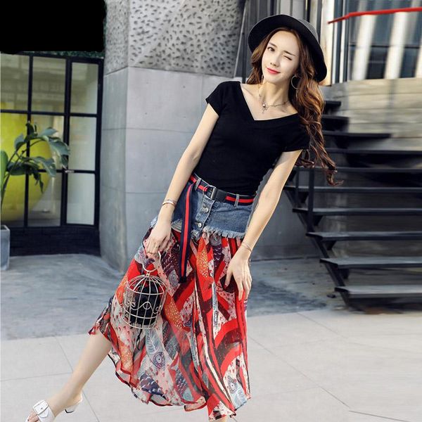 

two piece dress women two-piece suit black v-neck short sleeves tshirt&high waist denim printed chiffon skirt set female (tees+skirts) yfy12, White