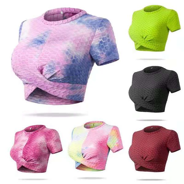 

tik tok ins slim bubble short sleeve, female navel exposed tight yoga cross jacquard sports fitness top, White;red