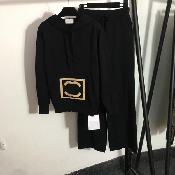 

women's two piece pants 2021 autumn winter jacquard long sleeve hooded sweater + elastic waist wide leg suit, White