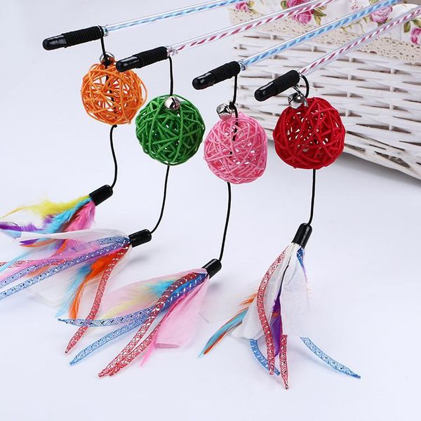 

cat toys pet colour sepaktakraw with colorful feathers teaser transparent pole built in bell