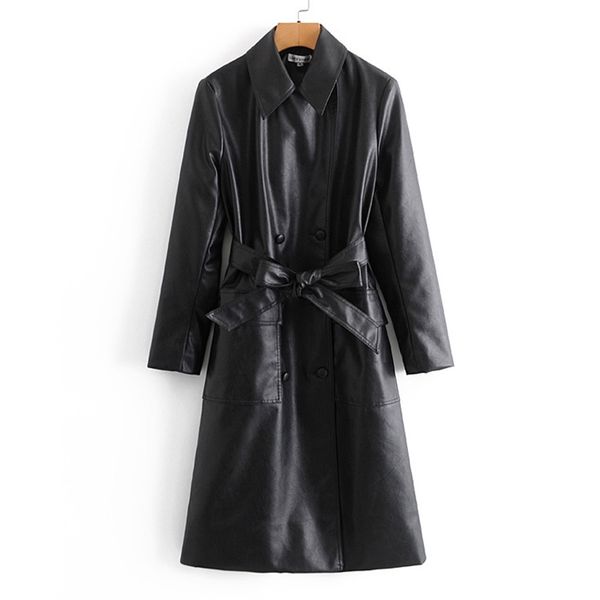 

women autumn pu trench coats long sleeve double breasted sashes turn-down collar female fashion windbreaker outerwear 210513, Tan;black