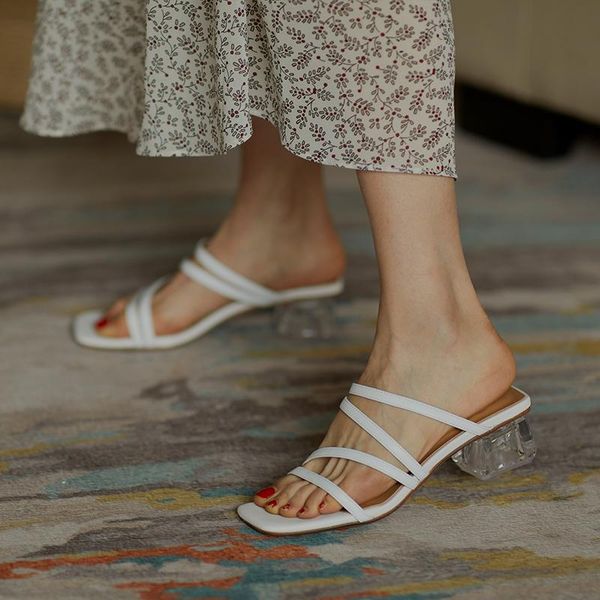 

transparent thick high heels genuine leather mules shoes women slippers spring summer pumps nigh club woman, Black