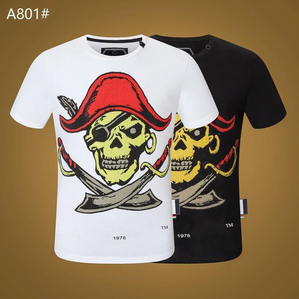

men's t-shirts brand italy men t-shirt pirate skull fashion round neck short-sleeved sports cotton streetwear, White;black