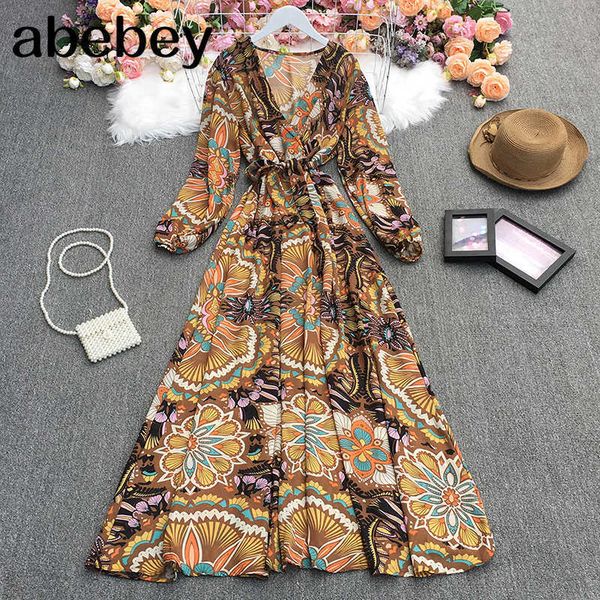 

spring summer vintage v-neck long sleeve dress high waist lace up waist floral print mid-length a-line dress 210715, Black;gray