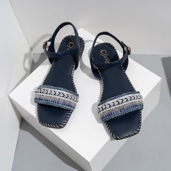 

summer ethnic style women's sandals square head braided belt flat, Black