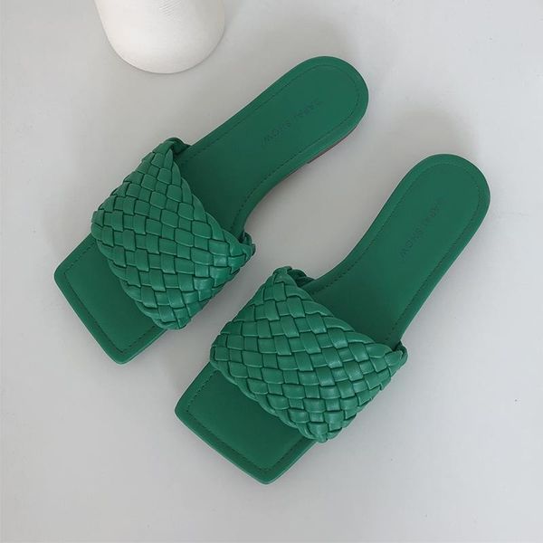 

women woven slippers slip on slides fashion square toe leather flat sandal female outdoor casual flip flops, Black