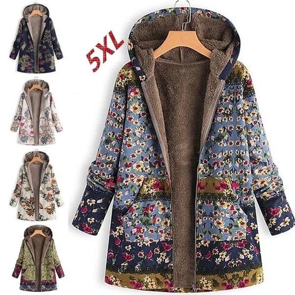 

women's jackets baijinbai women leaves floral coat jacket winter warm plush fluffy parkas windbreaker casual zipper hooded pocket vinta, Black;brown